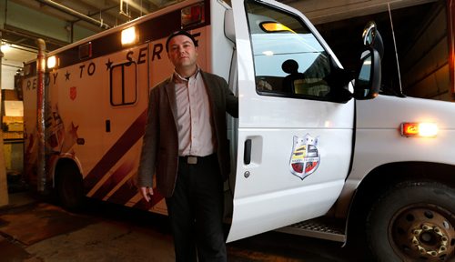 WAYNE GLOWACKI / WINNIPEG FREE PRESS

Mark Stewart, Shelter Services Coordinator at The Salvation Army's Booth Centre by the newly acquired re-purposed ambulance vehicle that will be used as a cold weather response unit in times of extreme cold. The vehicle will be staffed seven nights a week and is expected to be out between the hours of 11 p.m. and 4 a.m. Carol Sanders story Dec.19 2016