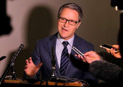 BORIS MINKEVICH / WINNIPEG FREE PRESS
Finance Minister Cameron Friesen talks about the deficit forecast outside his office at the Manitoba Legislative Building to the media during a press conference. NICK MARTIN STORY. Dec. 20, 2016