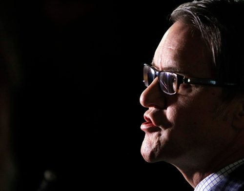 BORIS MINKEVICH / WINNIPEG FREE PRESS
Finance Minister Cameron Friesen talks about the deficit forecast outside his office at the Manitoba Legislative Building to the media during a press conference. NICK MARTIN STORY. Dec. 20, 2016