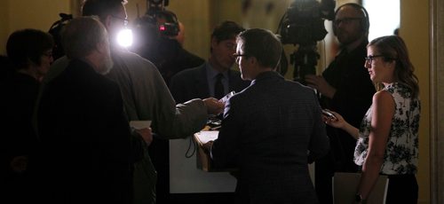 BORIS MINKEVICH / WINNIPEG FREE PRESS
Finance Minister Cameron Friesen talks about the deficit forecast outside his office at the Manitoba Legislative Building to the media during a press conference. NICK MARTIN STORY. Dec. 20, 2016