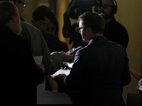 BORIS MINKEVICH / WINNIPEG FREE PRESS
Finance Minister Cameron Friesen talks about the deficit forecast outside his office at the Manitoba Legislative Building to the media during a press conference. NICK MARTIN STORY. Dec. 20, 2016