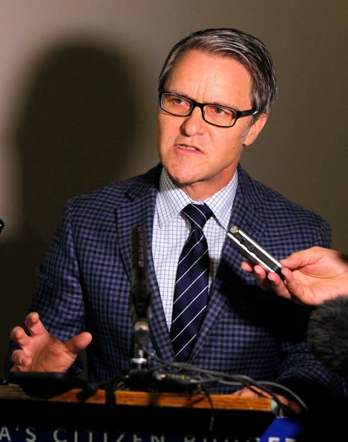 BORIS MINKEVICH / WINNIPEG FREE PRESS
Finance Minister Cameron Friesen talks about the deficit forecast outside his office at the Manitoba Legislative Building to the media during a press conference. NICK MARTIN STORY. Dec. 20, 2016