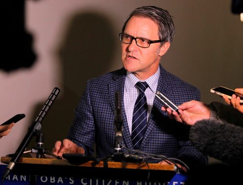 BORIS MINKEVICH / WINNIPEG FREE PRESS
Finance Minister Cameron Friesen talks about the deficit forecast outside his office at the Manitoba Legislative Building to the media during a press conference. NICK MARTIN STORY. Dec. 20, 2016