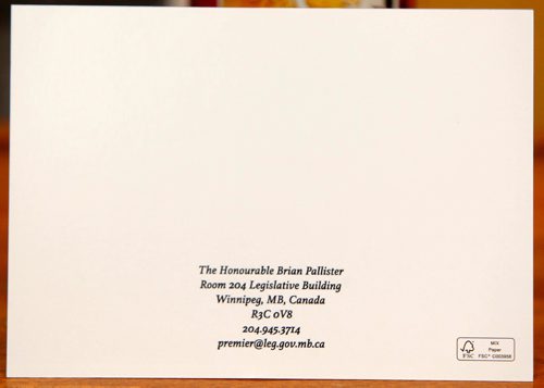 BORIS MINKEVICH / WINNIPEG FREE PRESS
Copy shot of Christmas card for Manitoba Premier of Manitoba Brian Pallister.  Back of card. Dec. 20, 2016