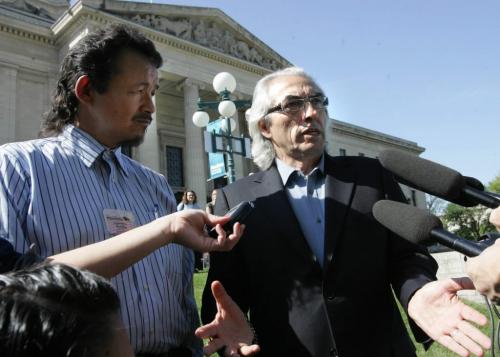 FILE -- WINNIPEG, MB: JUNE 16 2008 - Sam McGillivary (left) and  National Grand Chief Phil Fontaine speak to the media on the grounds of the Manitoba Legislative Building in this June 16, 2008 file photo. MacGilivary has set up camp in the front yard to draw attention to aboriginal children removed by Child and  Family Services.   Wayne Glowacki/Winnipeg Free Press