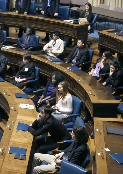 WAYNE GLOWACKI / WINNIPEG FREE PRESS

Members of the Youth Parliament of Manitoba listen to instruction from the Speaker on the rules and procedures in the Manitoba Legislative Chamber Monday. Courtney Bannatyne story   Dec.26 2016