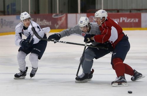 WAYNE GLOWACKI / WINNIPEG FREE PRESS 

At left is left winger Brandon Tanev #26 with Scott Kosmachuk # 24 and at right is Jan Kostalek #3 at the Manitoba Moose practice Wednesday in  the MTS IcePlex. Mike McIntyre story.  Dec.28 2016