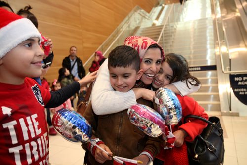 
RUTH BONNEVILLE / WINNIPEG FREE PRESS


Winnipegger Zainab Ali hugs her twin niece and nephew eight-year-old  Mohammad and Zainab Al Ali  after they arrive with their parents, Khaled, his wife Muntaha and their little sister Naya (20mnths) at James Richardson International Airport Thursday afternoon. Her son eight-year-old Mahammad Chaeban welcomes them with her.  
See Carol Sanders story.  
 Dec 29, 2016