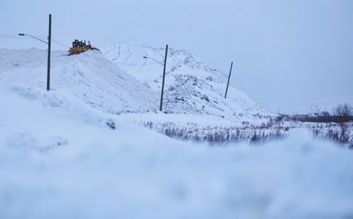 TREVOR HAGAN / WINNIPEG FREE PRESS
A bulldozer pushes snow up one of the snow dump zones along Kenaston Blvd, Friday, December 30, 2016.