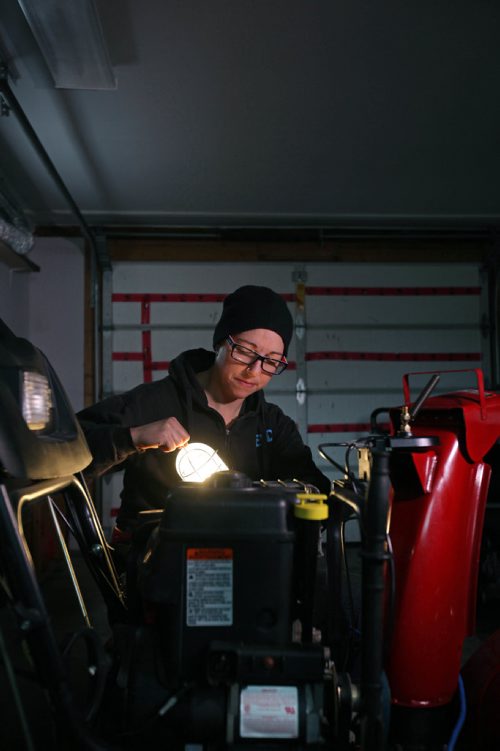 RUTH BONNEVILLE / WINNIPEG FREE PRESS

49.8 Feature:  La Petite Machine,  owner Chantale Lavack, 

What: This is for an Intersection feature on Chantale, who opened her small business repair shop earlier in 2016, after being the only woman in her class taking a small engine repair course @ Red River College. Chantale works on snow blowers in her 1 car garage that she renovated into a heated workshop behind her home.  
See Dave Sanderson story. 

 Dec 30, 2016