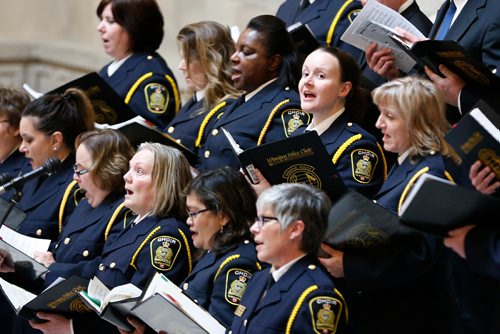 JOHN WOODS / WINNIPEG FREE PRESS
The Winnipeg Police Service Choir signs at the annual New Year Levee at the Manitoba Legislature Sunday, January 1, 2017. Janice Filmon, Lieutenant Governor of Manitoba, also greeted members of the public.