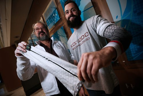 JOHN WOODS / WINNIPEG FREE PRESS
Father and son team of Larry (L) and Elvis Goren, owners of Komodo Technologies, show off their new AIO sleeve at NRC Monday, January 2, 2017. The Gorens are taking their wearable heart-rate, stress-level monitoring compression sleeve to the Consumer Electronics Show (CES) in Las Vegas.