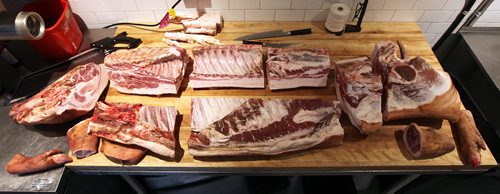 PHIL HOSSACK / WINNIPEG FREE PRESS -  The "unassembled" pork after St Boniface butcher Dallas Black finished demonstrating the art of taking apart (Butchering) a pig. See Jill Wilson story.  January 3, 2017