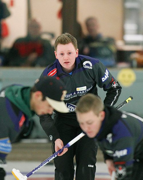 PHIL HOSSACK / WINNIPEG FREE PRESS -  Prov Jr Curling - Skip Brayden Calvert foloows the sweepers and his rock Tuesday at the Pembina Curling Club.  See Jay Bell's story.  January 3, 2017