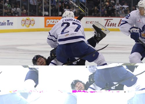 RUTH BONNEVILLE / WINNIPEG FREE PRESS

Manitoba Moose #48 BRENDAN LEMIEUX crashes after colliding with Toronto Marlies # 27 Frank Corrado during second period action at MTS Centre Wednesday night.  

Jan 04, 2017