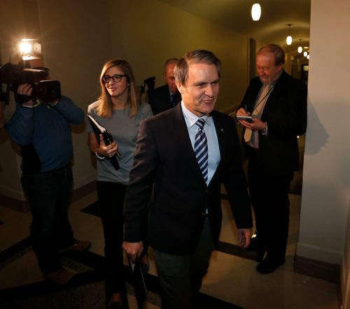 WAYNE GLOWACKI / WINNIPEG FREE PRESS 

Finance Minister Cameron Friesen  arrives at the meeting with  representatives of the public sector unions in the Manitoba Legislative building Thursday morning. Nick Martin/Larry Kusch stories Jan.5  2017