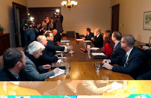 WAYNE GLOWACKI / WINNIPEG FREE PRESS 

Media photo opportunity at the start of the meeting of Finance Minister Cameron Friesen with representatives of the public sector unions in the Manitoba Legislative building Thursday morning. Nick Martin/Larry Kusch stories Jan.5  2017