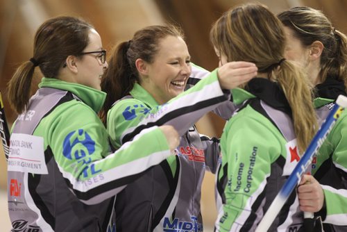 RUTH BONNEVILLE / WINNIPEG FREE PRESS

Team Burtnyk celebrates after winning the 2017 Canola Junior Provincial Championships at St. Vital Arena Friday afternoon. 
Names in order of picture Left - right, Lead Rebecca Cormier, Second Sara Oliver, Skip Laura Burtnyk and Third Hailey Ryan.
See Jason Bell's story. 
 Jan 06, 2017