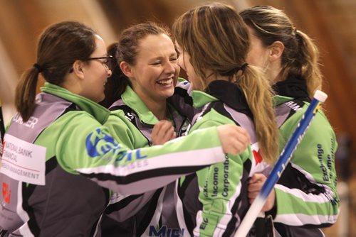 RUTH BONNEVILLE / WINNIPEG FREE PRESS

Team Burtnyk celebrates after winning the 2017 Canola Junior Provincial Championships at St. Vital Arena Friday afternoon. 
Names in order of picture Left - right, Lead Rebecca Cormier, Second Sara Oliver, Skip Laura Burtnyk and Third Hailey Ryan.
See Jason Bell's story. 
 Jan 06, 2017