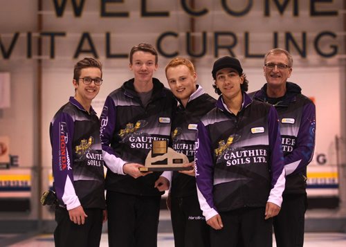 RUTH BONNEVILLE / WINNIPEG FREE PRESS

Team Ryan celebrates  winning the 2017 Canola Junior Provincial Championships at St. Vital Arena Friday afternoon. 
Names from left in pic - Third Jacques Gauthier, Skip JT Ryan, Second Graham McFarlane, Third Jacques Gauthier and Coach John Lund.

See Jason Bell's story. 
 Jan 06, 2017