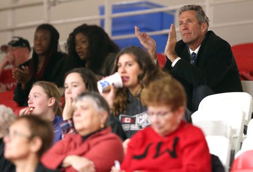 JASON HALSTEAD / WINNIPEG FREE PRESS

Manitoba Premier Brian Pallister watches as the University of Winnipeg Wesmen take on the Trinity Western Spartans during Canada West basketball action at the University of Winnipeg on Jan. 6, 2017. Pallister's daughter, Shawn, plays for the Wesmen.
