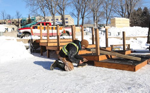 RUTH BONNEVILLE / WINNIPEG FREE PRESS

Forks site staff set up stairs Saturday going from the river walk to the ice level on the Assiniboine River as they prep for the opening of the River Trail this week.  
Standup photo 
 Jan 07, 2017
