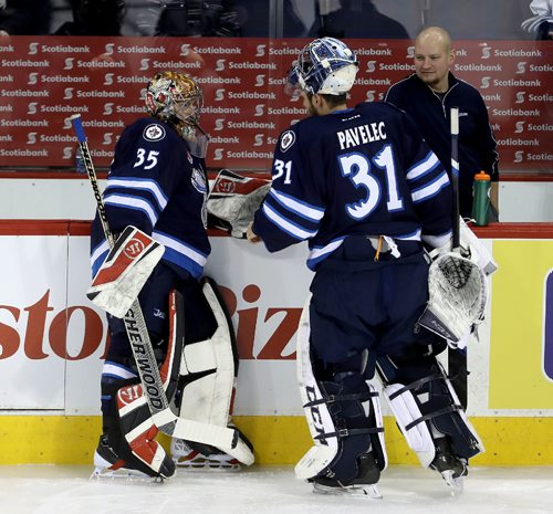 TREVOR HAGAN / WINNIPEG FREE PRESS
45 year old firefighter Greg Husson (35), during warmup for the Manitoba Moose, as he is backing up Ondrej Pavelec as the team prepares to take on the Iowa Wild, Saturday, January 7, 2017