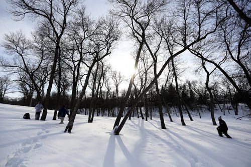 TREVOR HAGAN / WINNIPEG FREE PRESS
Bryan Freese, Steve Link and James Franz walking through Happyland Park while playing a round of frisbee golf in the snow, Sunday, January 8, 2017