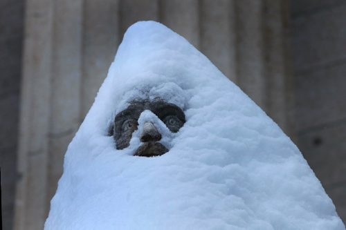 WAYNE GLOWACKI / WINNIPEG FREE PRESS 

 The statue of the Earl of Dufferin stares out of the pile of snow accumulating on his head Monday after about 10 cm. more fell over night.   Jan.10  2017