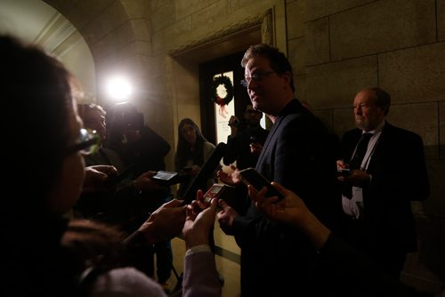 JOHN WOODS / WINNIPEG FREE PRESS
Rob Altemeyer, MLA and NDP caucus chair spoke to media after a NDP caucus meeting to discuss the fate of Mohinder Saran, a former Manitoba cabinet minister who was the subject of a sexual harassment complaint, Tuesday, January 10, 2017 at the Manitoba Legislature.