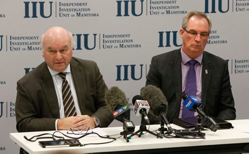 WAYNE GLOWACKI / WINNIPEG FREE PRESS 

At left, Zane Tessler, civilian director of the Independent Investigation Unit of Manitoba with Ron MacDonald at a news conference Thursday regarding the  officer-involved shooting that occurred on Highway 59 in September 2015, resulting in the death of a 44-year-old male.
Katie May story  Jan.12  2017
