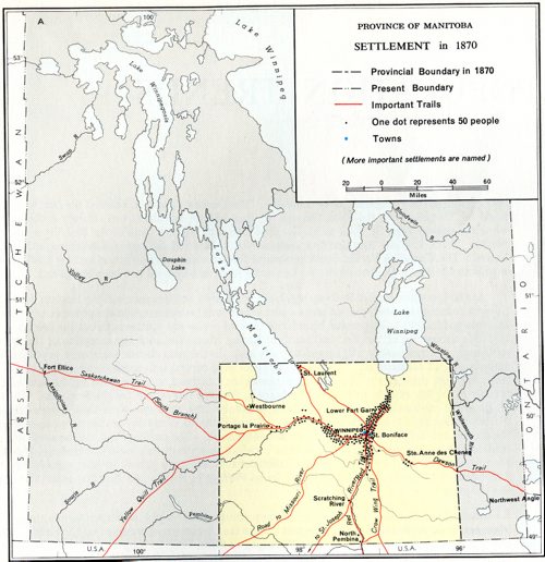Map of Settlement in Manitoba in 1870 scanned for Winnipeg Free Press story. Jan 12. 2017

credit: University of Manitoba Libraries for the image.