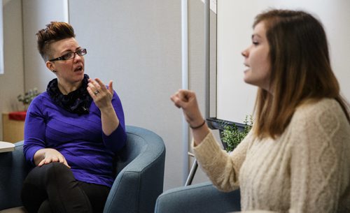 MIKE DEAL / WINNIPEG FREE PRESS
(from left) Darla Stewart an American Sign Language - English Interpreter at New Directions Deaf Support Services and Jamie Routledge a Clinical Case Manager at New Directions Deaf Support Services.
170112 - Thursday, January 12, 2017.