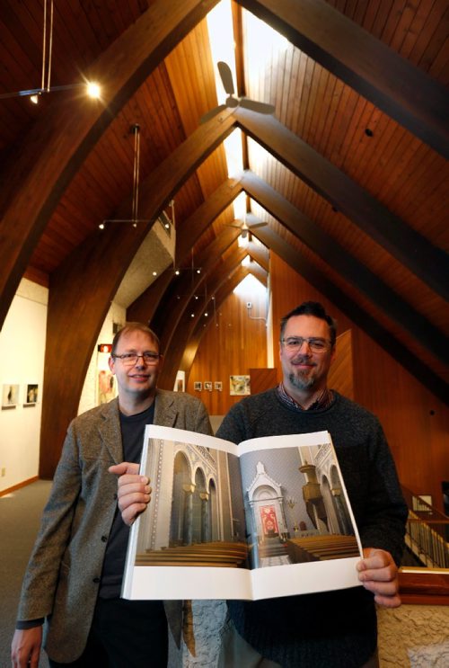 WAYNE GLOWACKI / WINNIPEG FREE PRESS 

Faith.  U of M professors Adam Muller,right, and Stephan Jaeger with their virtual synagogue exhibit catalogue, the exhibit will be shown at the  Mennonite Heritage Centre Gallery on the CMU campus.  Brenda Suderman story Jan.13  2017