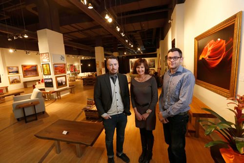 WAYNE GLOWACKI / WINNIPEG FREE PRESS

Cheryl Roney, director of leasing for Triovest, with Robert Lowdon, at left, owner of Robert Lowdon Gallery and  Ryan Henderson owner of Living Edge Furnishings in their shared space on the main floor at Cityplace  333 St. Mary Ave. at Hargrave. Murray McNeill story   Jan.13  2017