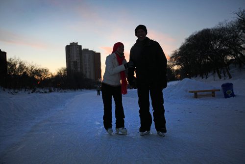 RUTH BONNEVILLE / WINNIPEG FREE PRESS

Ksenia PanKoua holds onto her friend Brad Bretecher's arm while skating along the River Trail on the Assiniboine River at dusk Saturday.  

Standup photo 
 Jan 14, 2017