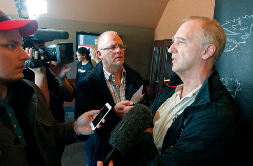 BORIS MINKEVICH / WINNIPEG FREE PRESS
SPORTS - University of Manitoba Bisons press conference. Bisons mens volleyball coach Garth Pischke, right, talks to the media. Mike Sawatzky, middle, Story.  JAN. 16, 2017