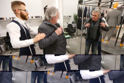 JOHN WOODS / WINNIPEG FREE PRESS
Phil Goss, facility manager at Main Street Project and former client, is fitted for a new suit by Brett Kuchciak, regional sales manager at EPH Apparel, Monday, January 16, 2017. Clients and former clients are being fitted to walk the runway in The Runway To Change, a Main Street Project fundraising fashion show.