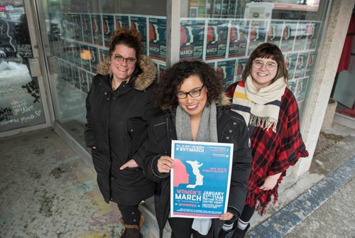 DAVID LIPNOWSKI / WINNIPEG FREE PRESS 

(from left to right) Jen Glenwright of IRCOM, Alexa Potashnik of Black Space Winnipeg, and MC of Woman's March on Washington -Winnipeg, and Lauren Checkley of Rainbow Resource Centre are involved in the march taking place in Winnipeg in solidarity with the Womens March on Washington pose for a photo January 17, 2017.