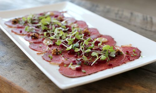 JASON HALSTEAD / WINNIPEG FREE PRESS

Bison carpaccio at Thermëa Winnipeg, Jan. 17, 2017. (for restaurant review)