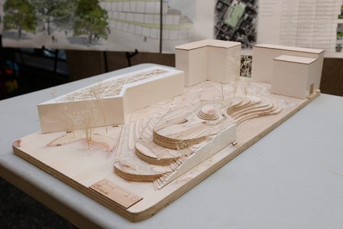 JOHN WOODS / WINNIPEG FREE PRESS
The Hobbitat designed by Kacie Reimer, a Landscape and Urbanism student at the University of Manitoba (U of MB), is his idea for the Public Safety Building and Civic Parkade on display at the Public Administration Building Tuesday, January 17, 2017. U of MB Landscape and Urbanism students designed studies of the site and they are on display as part of the public engagement process.
