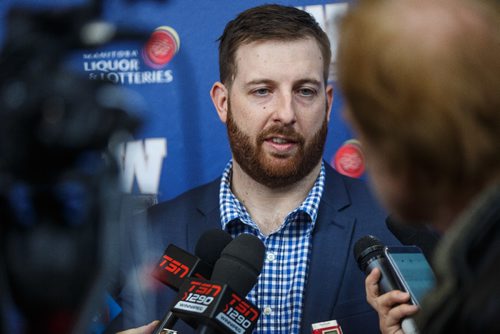 MIKE DEAL / WINNIPEG FREE PRESS
Matt Nichols talks to the media after he was re-signed as a quarterback for the Winnipeg Blue Bombers.
170118 - Wednesday, January 18, 2017.