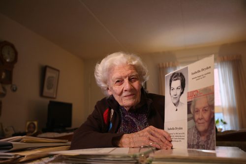 RUTH BONNEVILLE / WINNIPEG FREE PRESS


Isabella Dryden, 99.  has been teaching for 80 years, since she rode two miles to work pulled by a Shetland pony, in Lenore, near Virden. She still teaches computer classes to seniors. She takes the bus three times per week to the Creative Retirement centre.  Photos of her looking over her paperwork memorabilia in her home in south St. Vital.  

 Jan 18, 2017