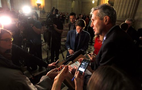 BORIS MINKEVICH / WINNIPEG FREE PRESS
The France-based Roquette company will build a $400 million pea processing plant in the Portage la Prairie area. Premier Brian Pallister and Agriculture Minister Ralph Eichler announced it at The Legislative Building Rotunda this afternoon.
In this photo Premier Brian Pallister in scrum after the formal event. JAN. 18, 2017