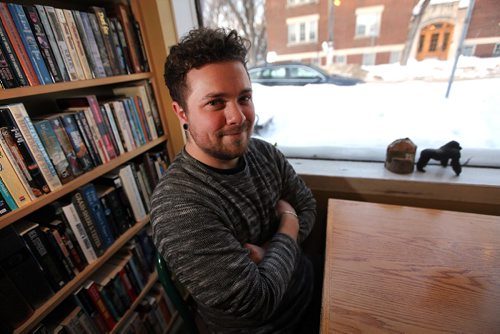 PHIL HOSSACK / WINNIPEG FREE PRESS - U of M grad service, Jaxon Hutton poses in a Woseley book shop near his home Wednesday, See Nick Martin story re: Hutton's Transgender Thesis. ....January 18, 2017