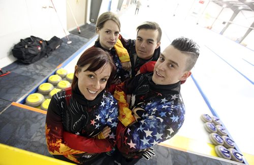 PHIL HOSSACK / WINNIPEG FREE PRESS - Clockwise from botttom left, Liza Beres, Cindy Wood and Cameron Kim came from Hollywood to form a rink skipped by Winnipegger Colin Hodgson (right) See Jason Bell's story.  ....January 19, 2017