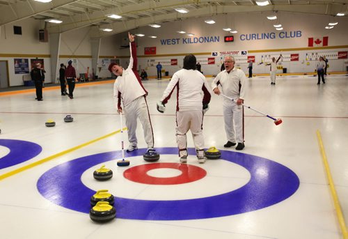 RUTH BONNEVILLE / WINNIPEG FREE PRESS


Longtime friends and curlers celebrate at end of game at West Kildonan Curling Club Friday  while wearing  cricket gear. 
Cricket Curling team, names - left to right,  Keith James, Sid Roberts, Jon Page and Philip Munro - Smith (not in this photo). 
See Jay Bell story.  


 Jan 20, 2017