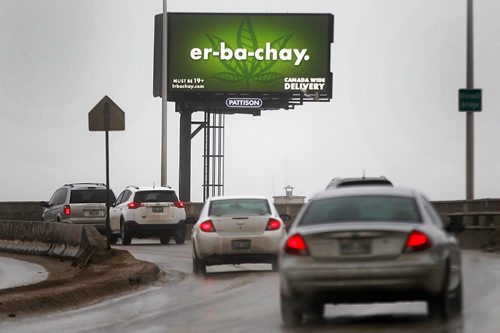 PHIL HOSSACK / WINNIPEG FREE PRESS - Traffic crossing the Disreali Freeway with a digital Billboard promoting Cannabis.....See story.  ....January 20, 2017