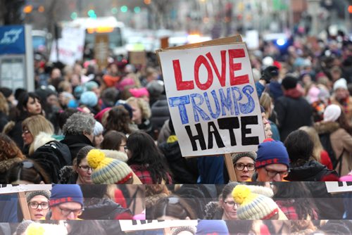 RUTH BONNEVILLE / WINNIPEG FREE PRESS

A young woman holds a sign that reads, Love Trumps hate, amoung hundreds of marchers as they make their way down Portage Ave. Saturday during the  Women's Day March as hundreds of sister marches are being held around the world including Washington.  

 Jan 21, 2017