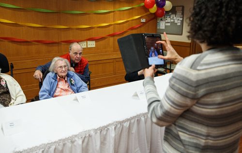 MIKE DEAL / WINNIPEG FREE PRESS
Marjorie Shatsky, 101, has her picture taken with her son Rick prior to the start of the Centenarian Celebration at the Saul & Claribel Simkin Centre where ten women will be celebrated for their birthdays, all of them at least 100 years old.
170123 - Monday, January 23, 2017.